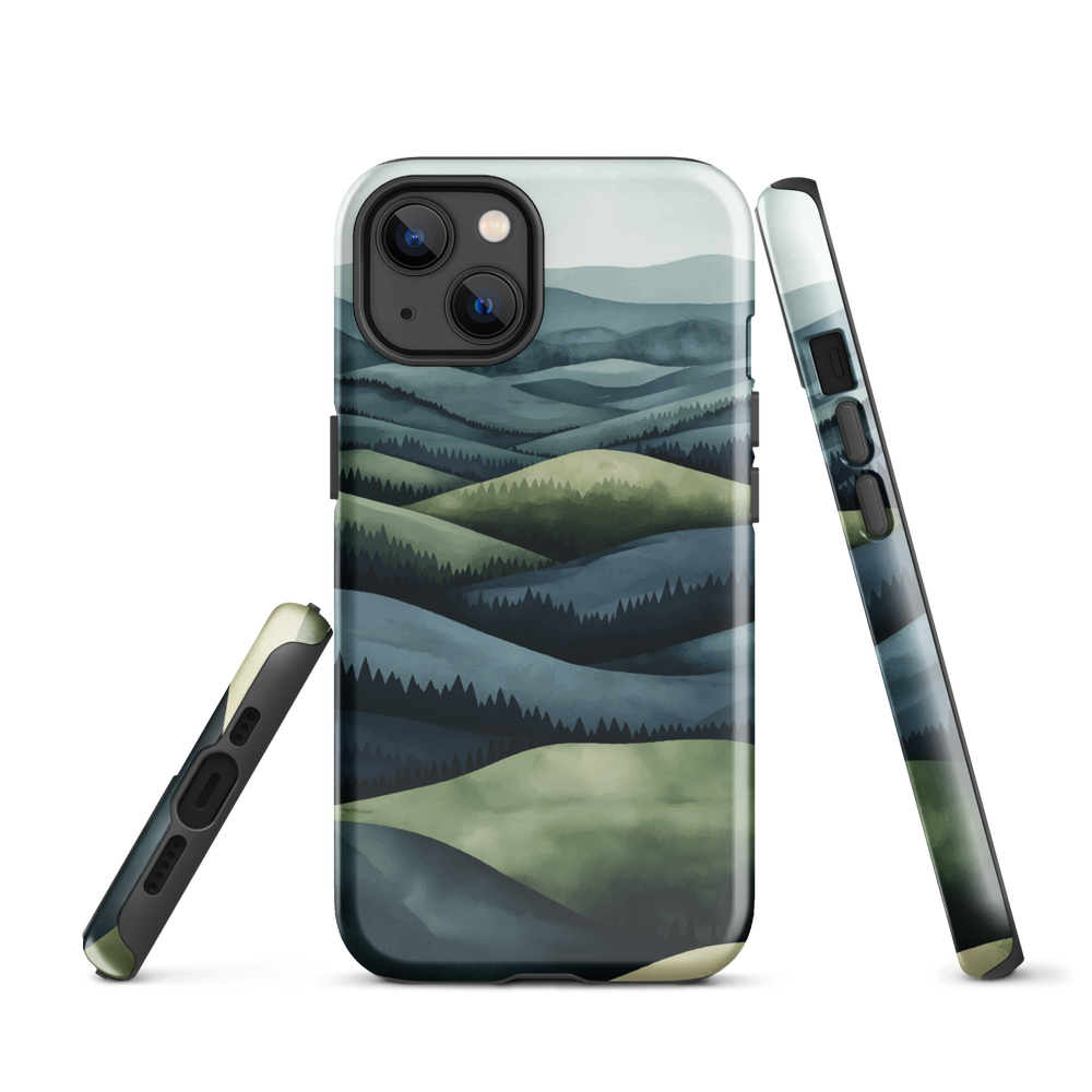 Phone case with layered mountain and forest landscape in blue and green hues