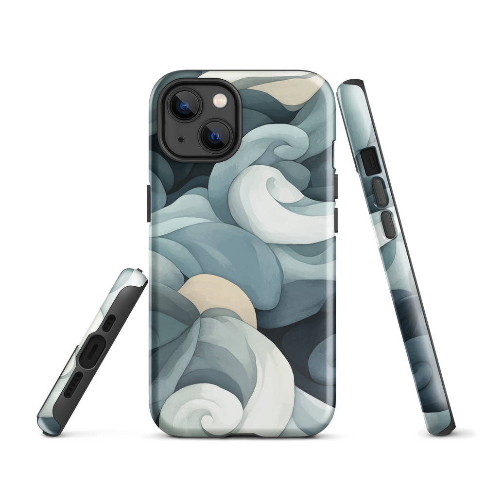 Phone case with abstract swirling ocean waves in blue and cream