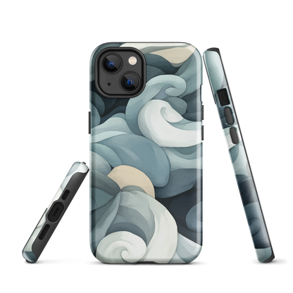 Phone case with abstract swirling ocean waves in blue and cream