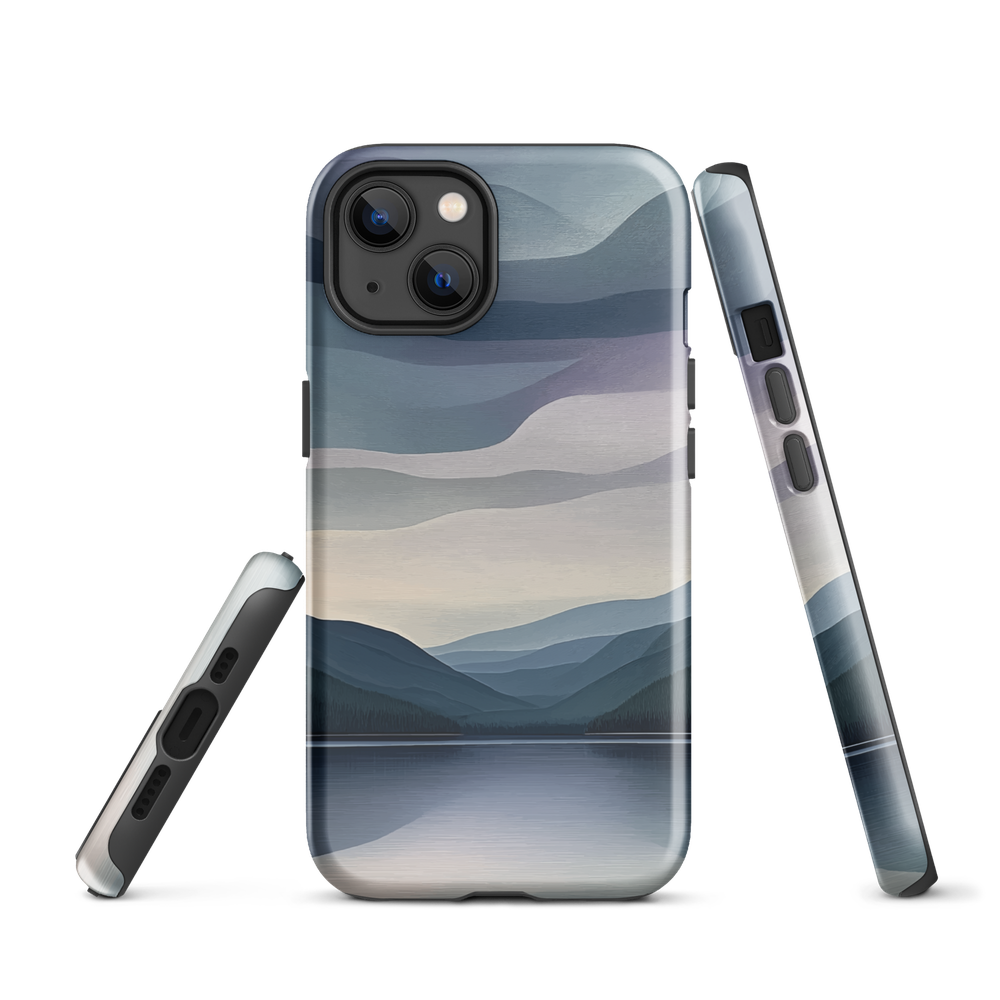 Phone case with moody blue and purple layered mountain and lake landscape artwork