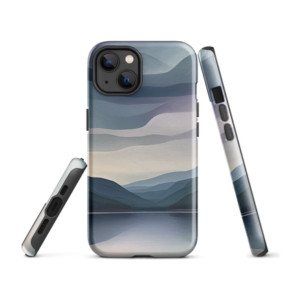 Phone case with moody blue and purple layered mountain and lake landscape artwork