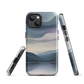 Phone case with moody blue and purple layered mountain and lake landscape artwork