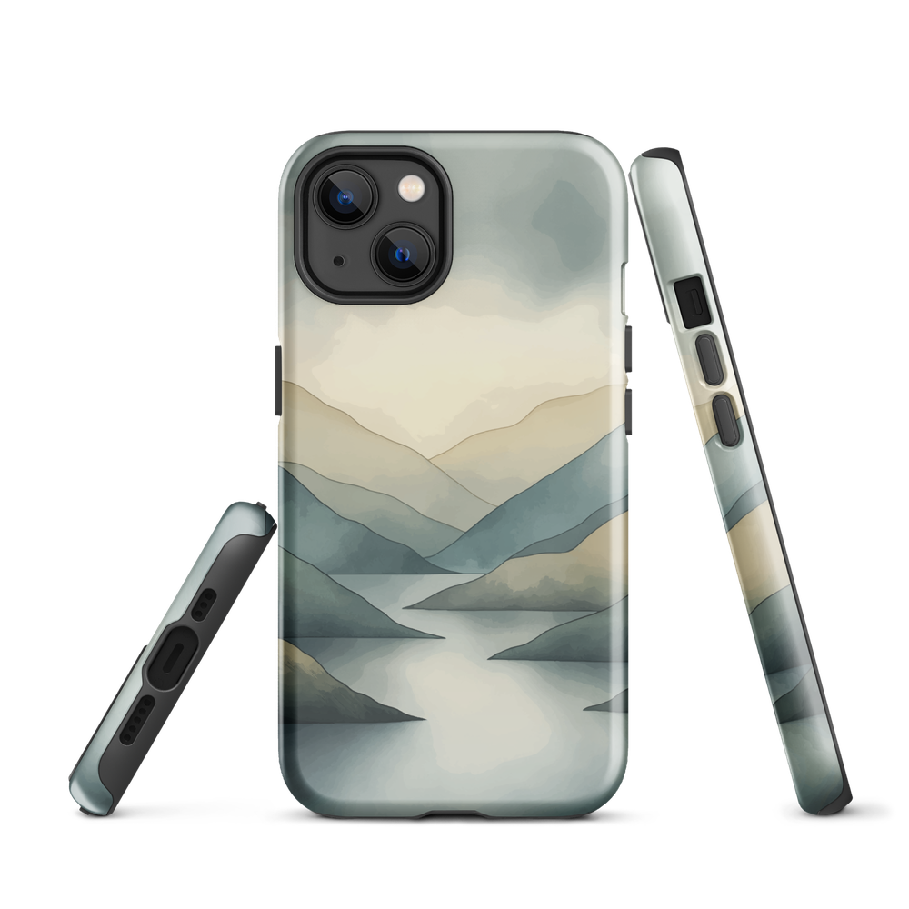 Phone case with soft mountain and valley design in misty green, blue, and golden tones