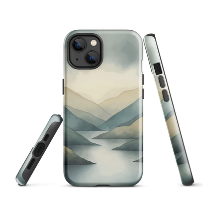 Phone case with soft mountain and valley design in misty green, blue, and golden tones