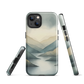 Phone case with soft mountain and valley design in misty green, blue, and golden tones