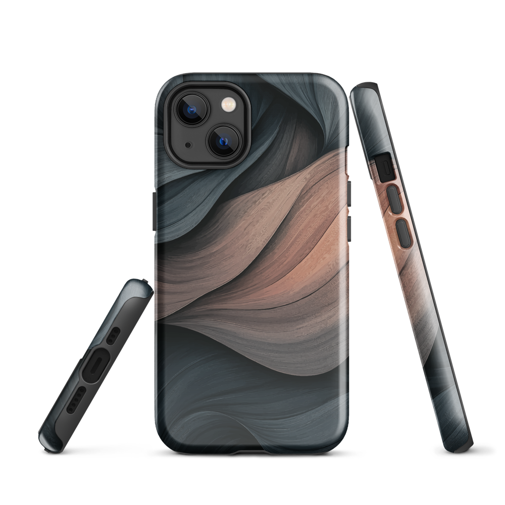 Phone case with flowing abstract design in black, copper and charcoal tones, inspired by dusk shadows