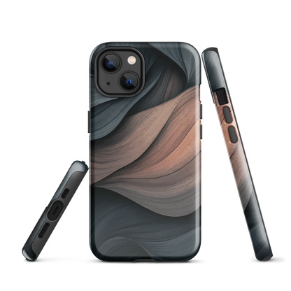 Phone case with flowing abstract design in black, copper and charcoal tones, inspired by dusk shadows