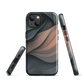 Phone case with flowing abstract design in black, copper and charcoal tones, inspired by dusk shadows