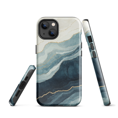 An elegant abstract phone case inspired by layered coastal forms in blue and teal tones.