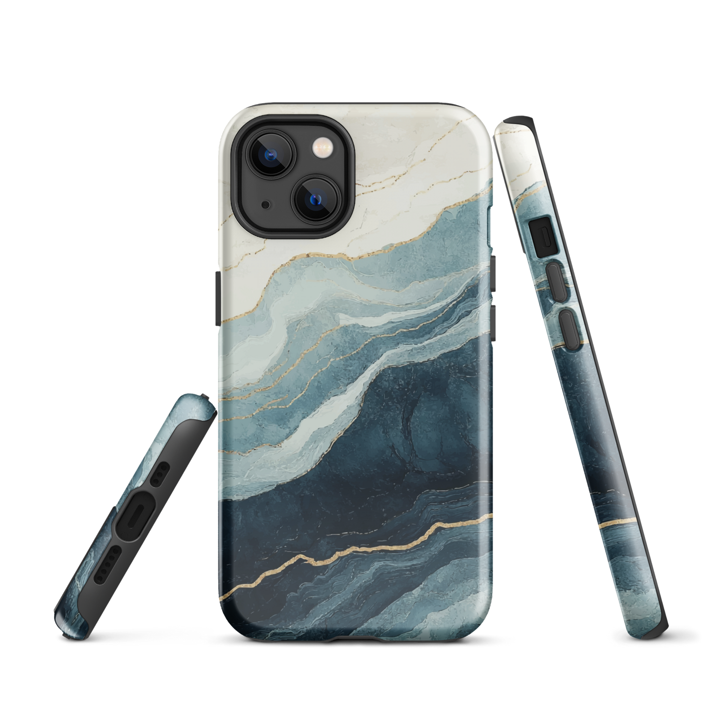 An elegant abstract phone case inspired by layered coastal forms in blue and teal tones.
