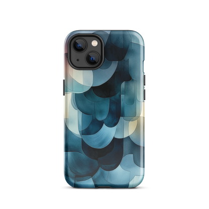 A modern abstract phone case featuring layered blue forms and soft flowing shapes.