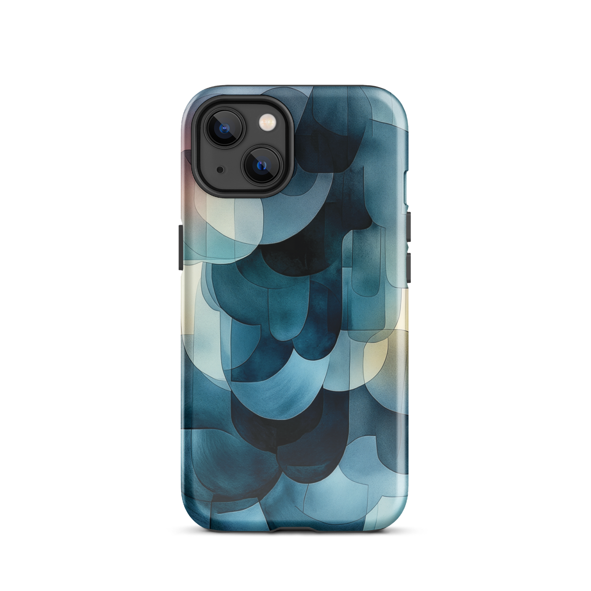 A modern abstract phone case featuring layered blue forms and soft flowing shapes.