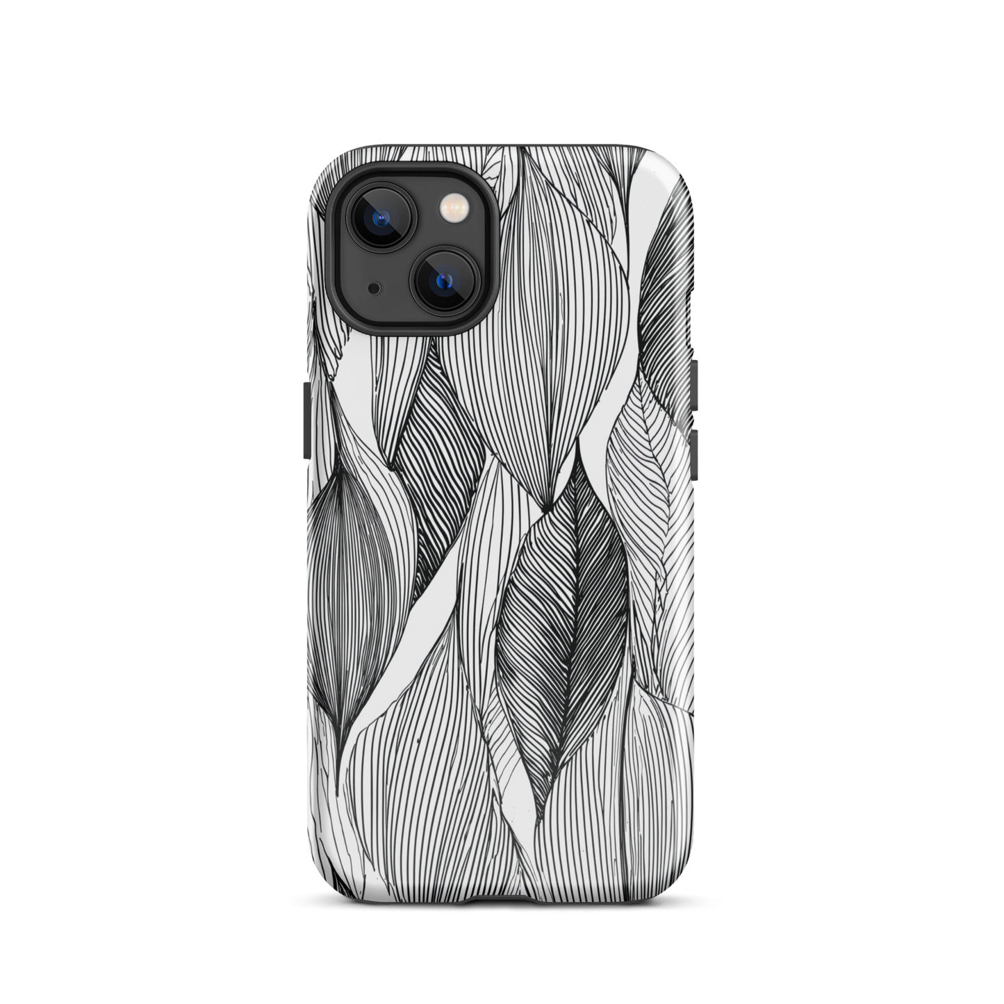 A minimalist phone case featuring fine black botanical linework in a repeating leaf pattern.