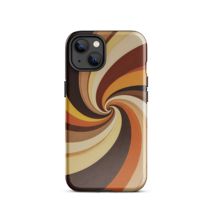 A retro-inspired phone case featuring warm swirling patterns in orange, yellow, and brown tones.