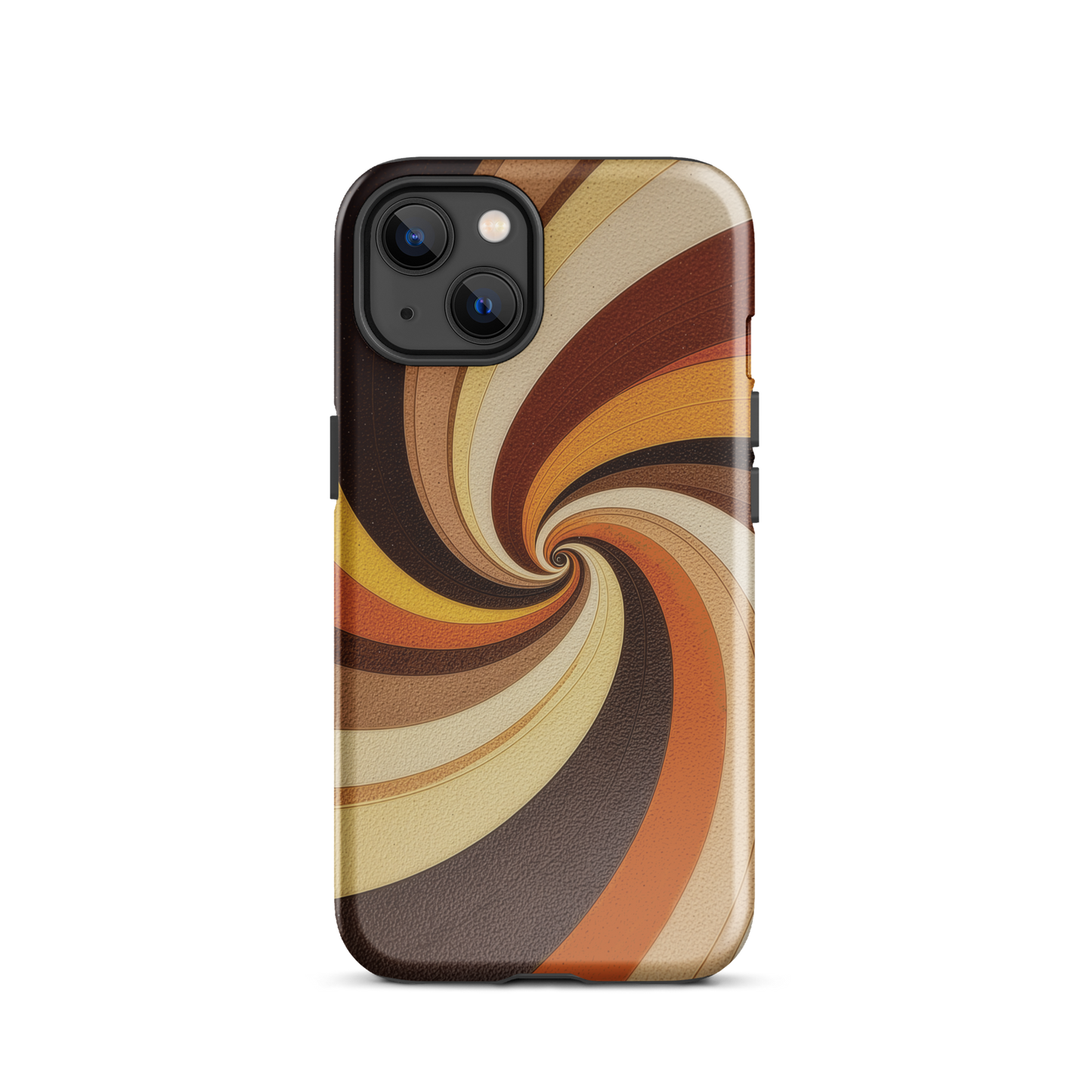 A retro-inspired phone case featuring warm swirling patterns in orange, yellow, and brown tones.