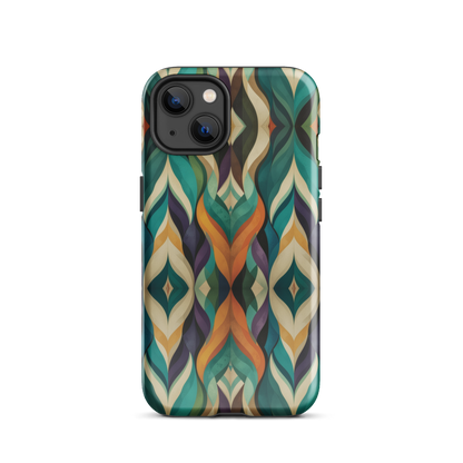 A bold geometric phone case featuring layered shapes in rich, earthy tones.