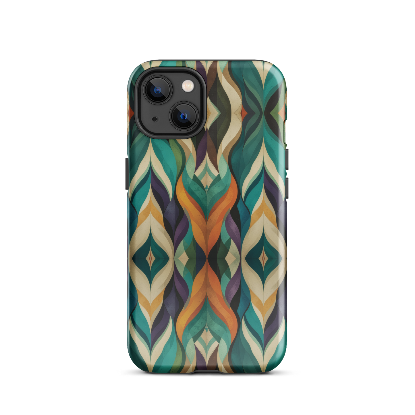 A bold geometric phone case featuring layered shapes in rich, earthy tones.