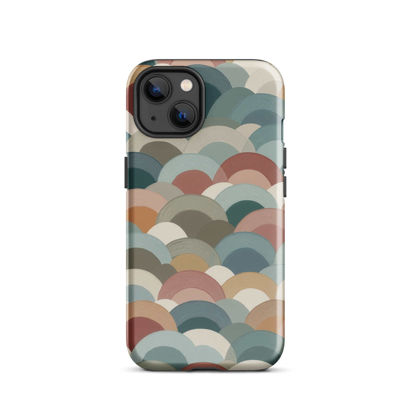 A soft retro-inspired phone case featuring layered arc shapes in warm, earthy tones.