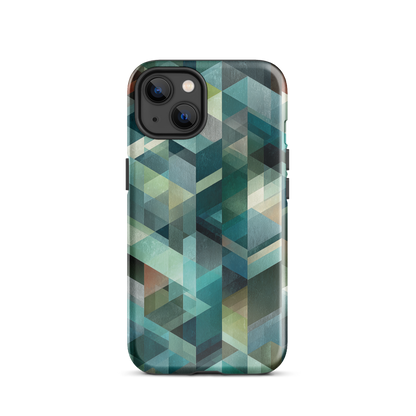 Modern abstract geometric phone case in teal and blue tones with layered retro-inspired shapes.