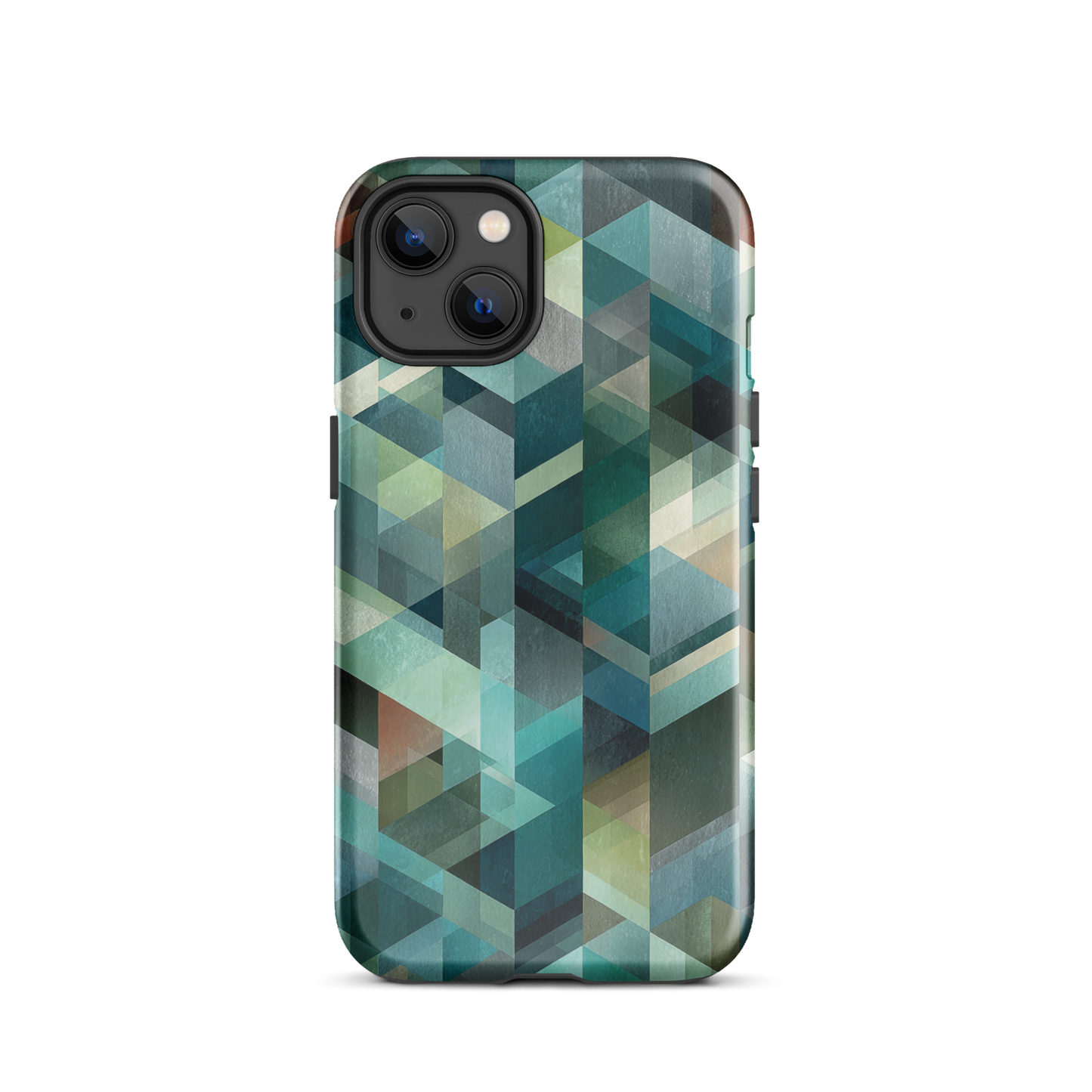 Modern abstract geometric phone case in teal and blue tones with layered retro-inspired shapes.