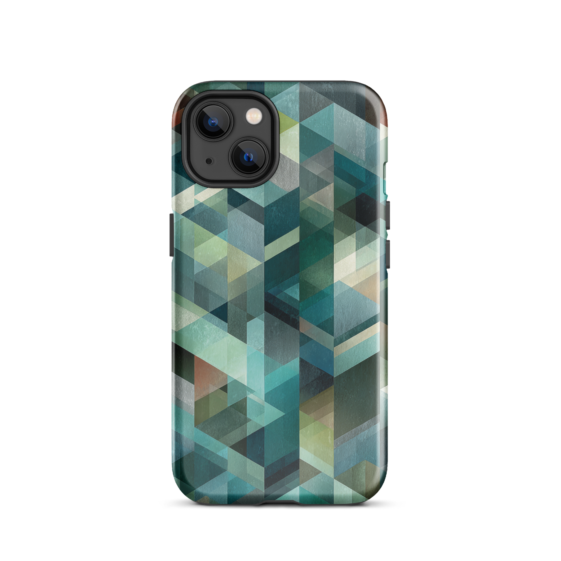 Modern abstract geometric phone case in teal and blue tones with layered retro-inspired shapes.