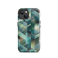 Modern abstract geometric phone case in teal and blue tones with layered retro-inspired shapes.