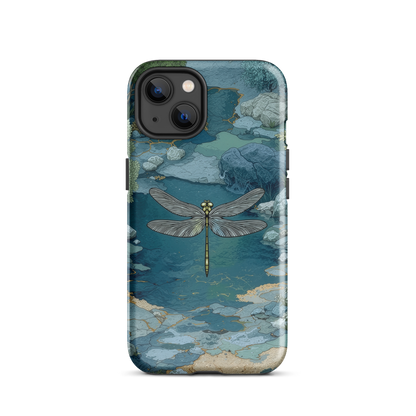 Nature-inspired phone case featuring a dragonfly over calm water with blue and green forest tones.