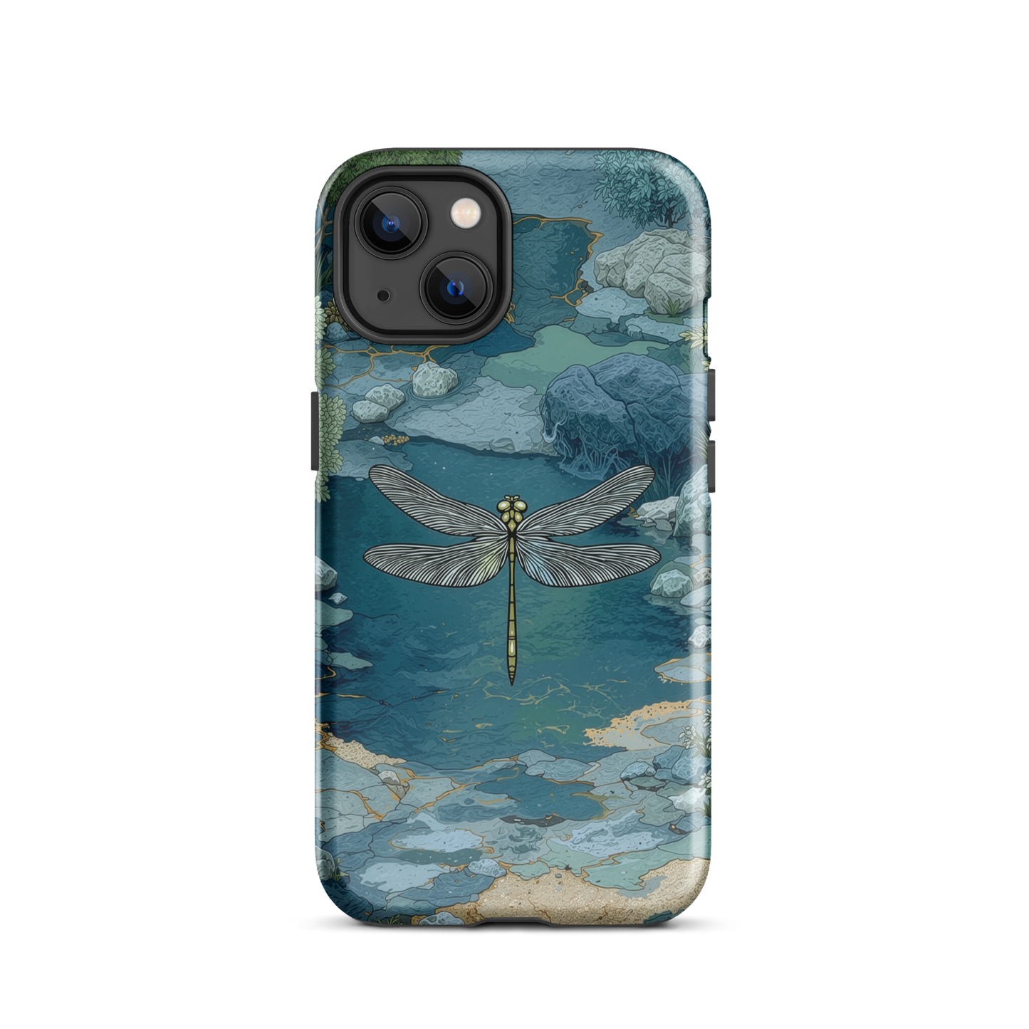 Nature-inspired phone case featuring a dragonfly over calm water with blue and green forest tones.