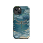Nature-inspired phone case featuring a dragonfly over calm water with blue and green forest tones.