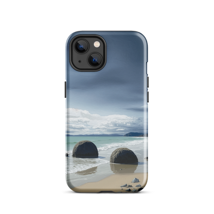 Moeraki Boulders coastal designer phone case with ocean waves and dramatic NZ sky