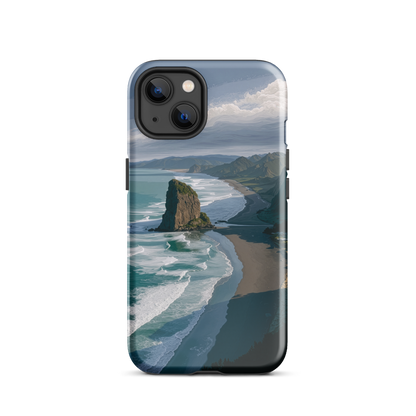 Piha Beach Lion Rock designer phone case with turquoise waves and dramatic NZ coastline