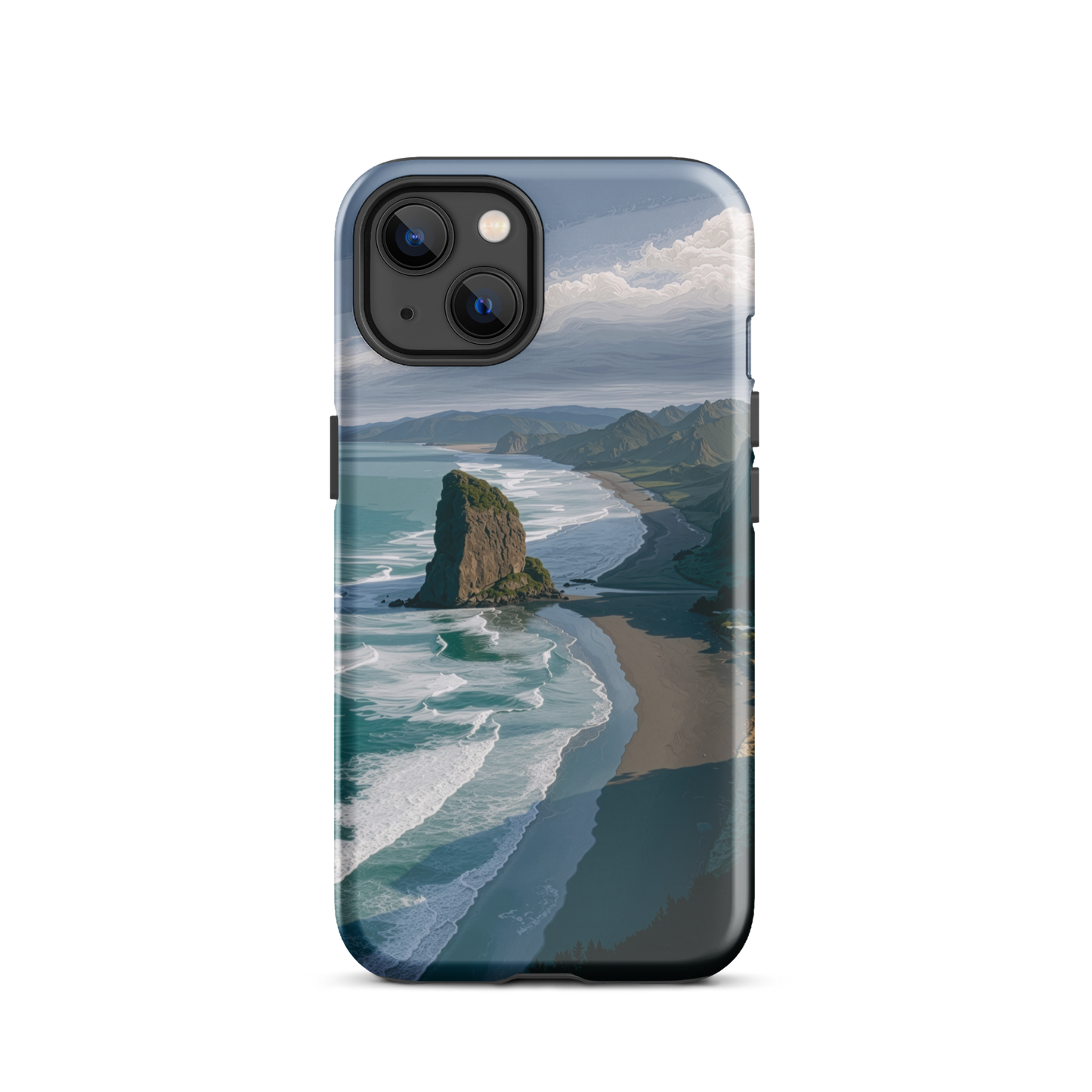 Piha Beach Lion Rock designer phone case with turquoise waves and dramatic NZ coastline