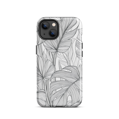 Minimal black and white tropical leaf designer phone case with detailed botanical line art