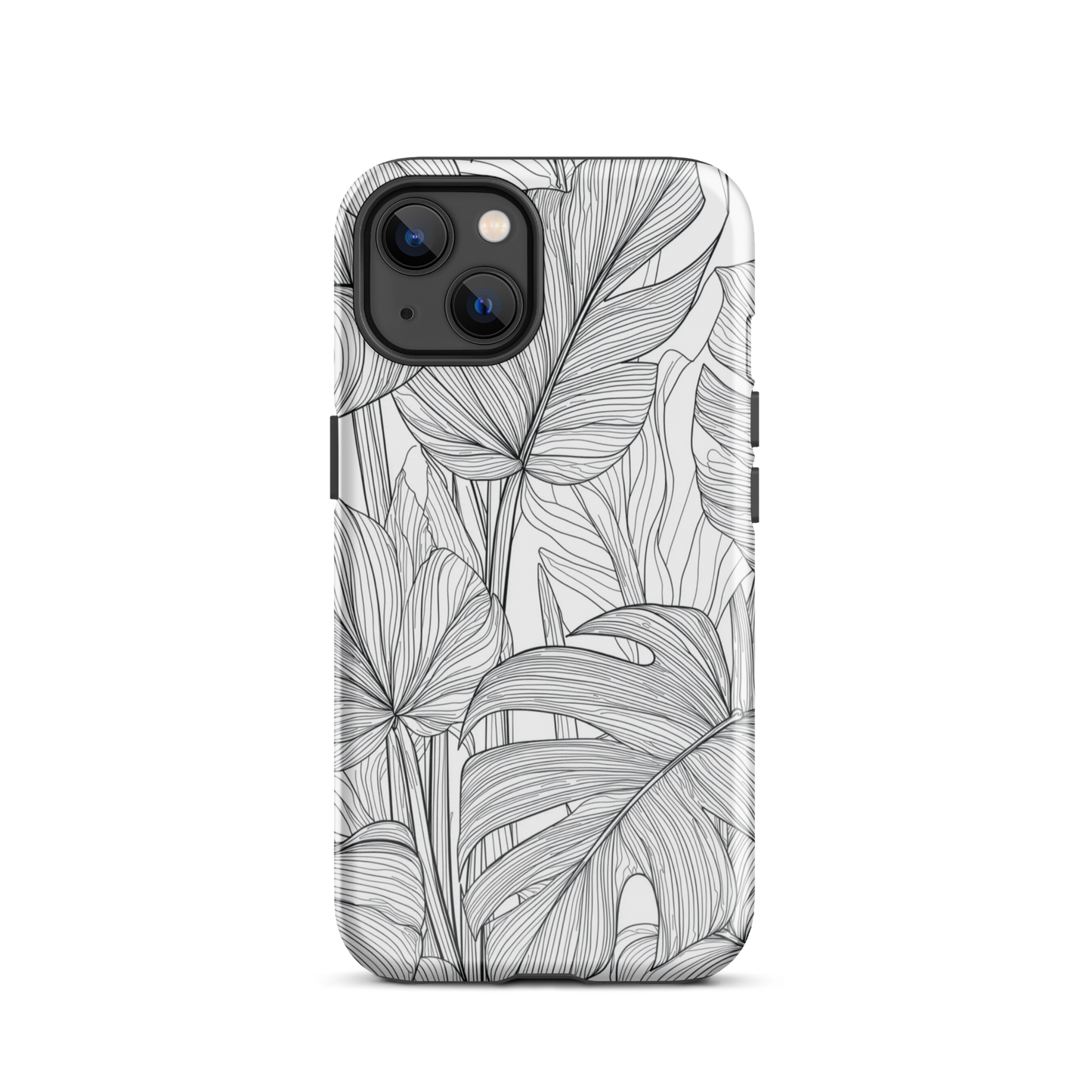Minimal black and white tropical leaf designer phone case with detailed botanical line art