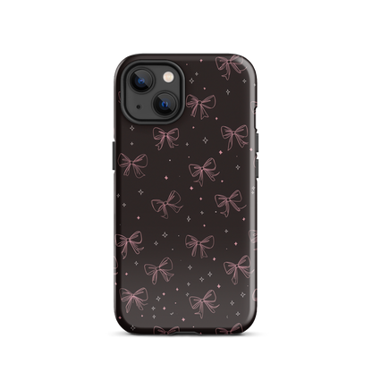 Midnight Bow seamless repeat pattern — pink hand-drawn ribbon bows and sparkle stars on a black background