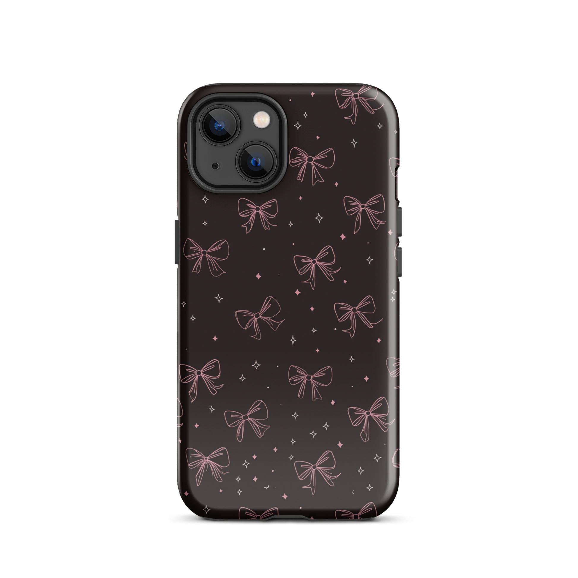 Midnight Bow seamless repeat pattern — pink hand-drawn ribbon bows and sparkle stars on a black background