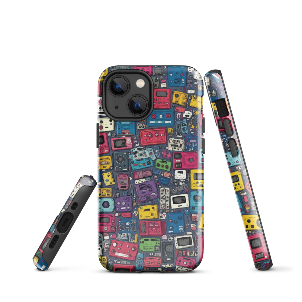 'Arcade' iPhone case, featuring a vibrant collage of hand-drawn controllers in bold, vintage-inspired colours. From electric blue and hot pink to classic black and yellow