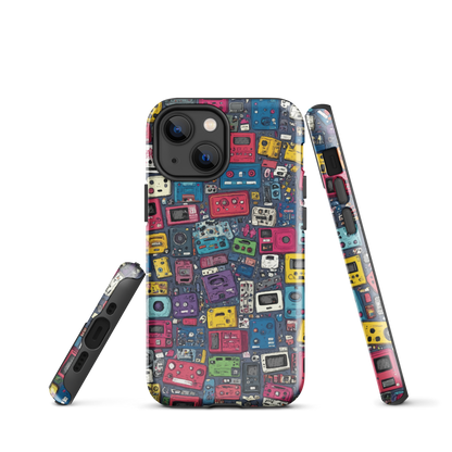 'Arcade' iPhone case, featuring a vibrant collage of hand-drawn controllers in bold, vintage-inspired colours. From electric blue and hot pink to classic black and yellow