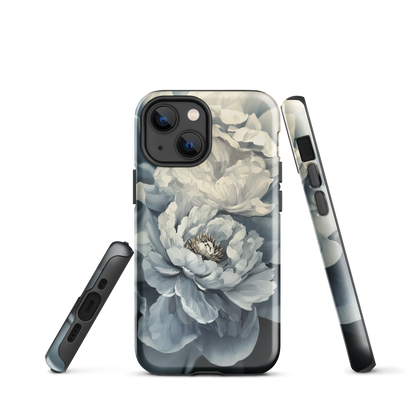 'Whisper' iPhone case features a stunning close-up of softly painted peony blooms in dreamy shades of ivory, grey, and smoky blue.