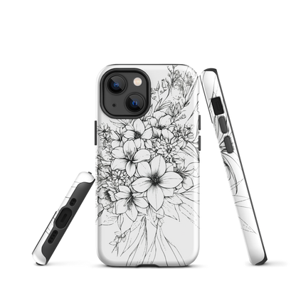 Black and white floral phone case with hand-drawn lilies and wildflowers