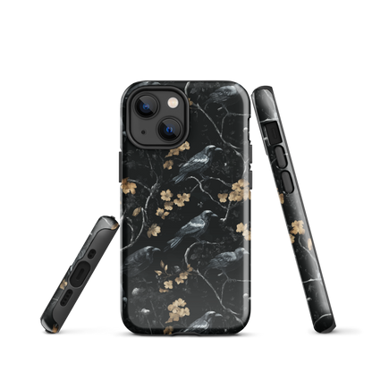 Dark phone case with blackbirds and gold blossoms on black branches.