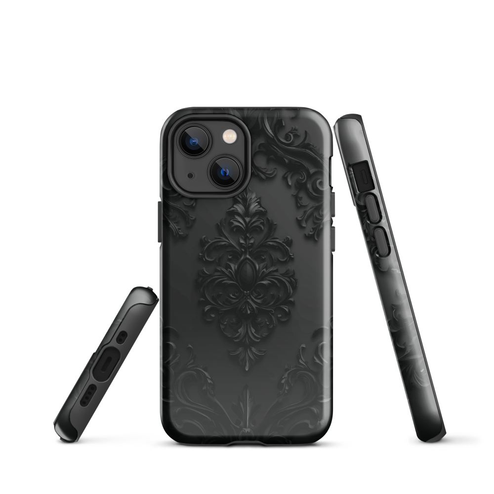 Black embossed damask phone case with gothic baroque pattern.