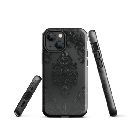 Black embossed damask phone case with gothic baroque pattern.