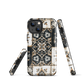 Moroccan tile pattern phone case in black, white, and gold tones with vintage-inspired design.