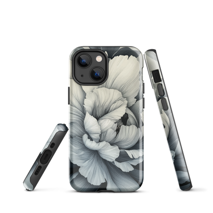 Black and white floral phone case featuring a soft, moody peony design by New Zealand artist Ben Hart.