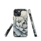 Black and white floral phone case featuring a soft, moody peony design by New Zealand artist Ben Hart.