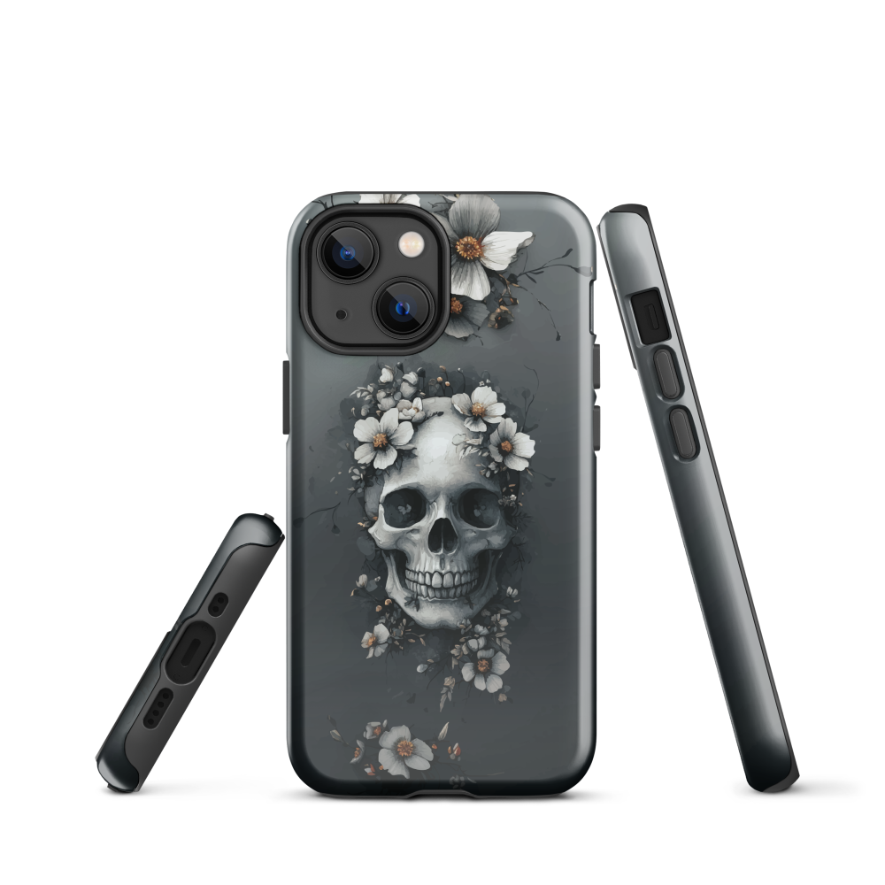 Gothic phone case with a floral skull design in grey tones, featuring white blossoms and dark detailing.
