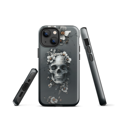 Gothic phone case with a floral skull design in grey tones, featuring white blossoms and dark detailing.
