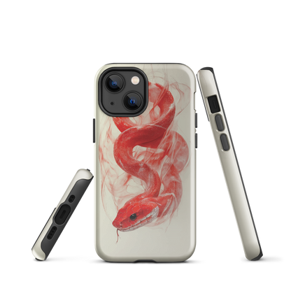 Phone case with red snake design on a cream background, coiled in smoky detail. Bold artwork by NZ designer Ben Hart.