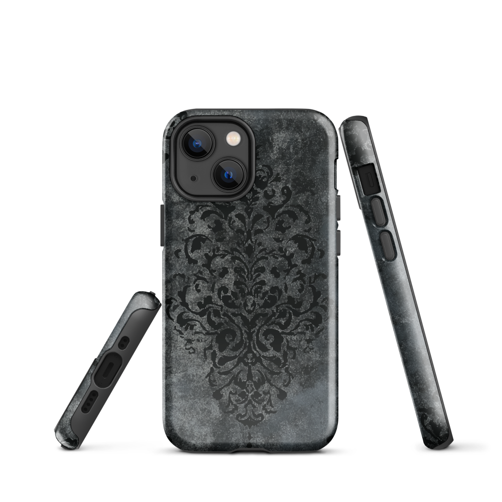 Dark damask patterned phone case with a vintage gothic aesthetic and textured stone background.